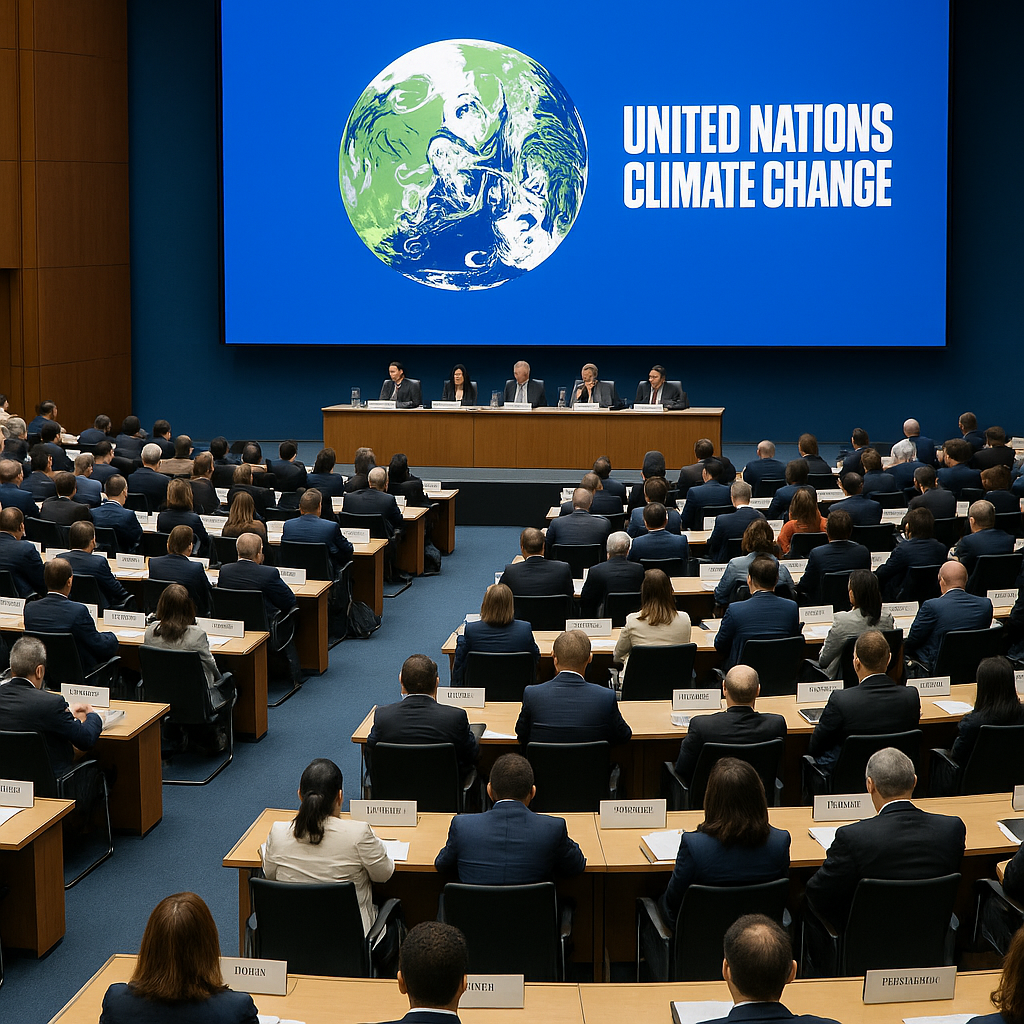 Sala de conferencia internacional con delegados discutiendo temas climáticos
