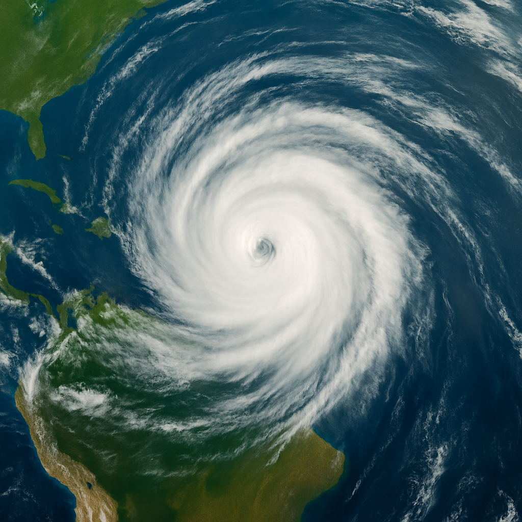 Ilustración de un huracán visto desde arriba con nubes en espiral sobre el océano