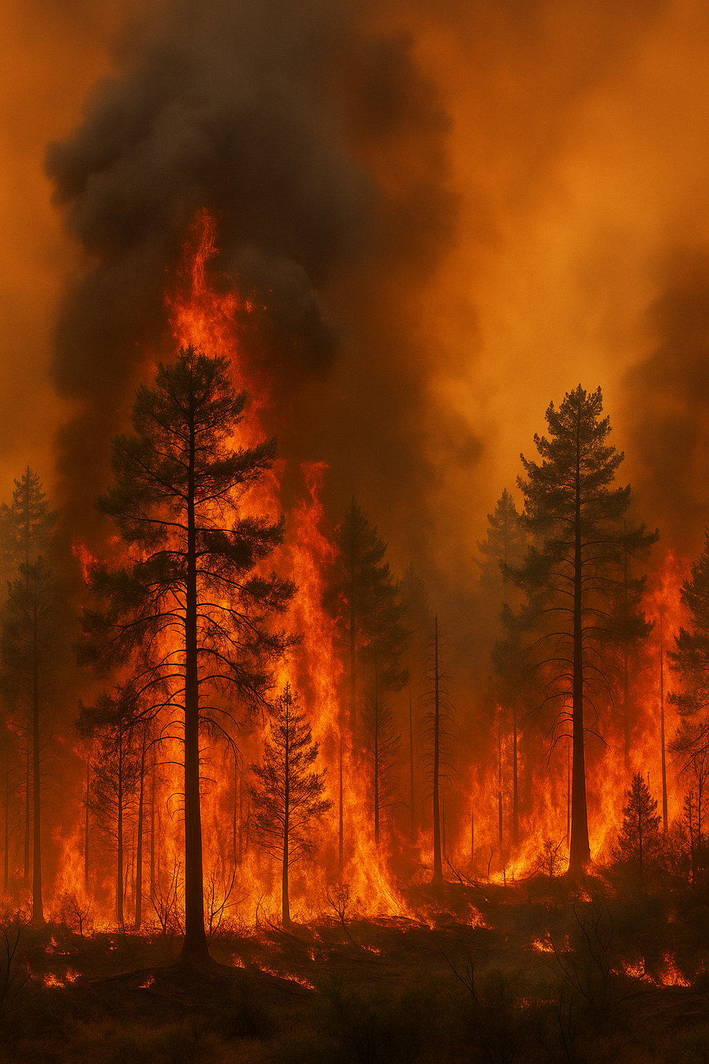 Bosque en llamas con humo espeso y cielo anaranjado