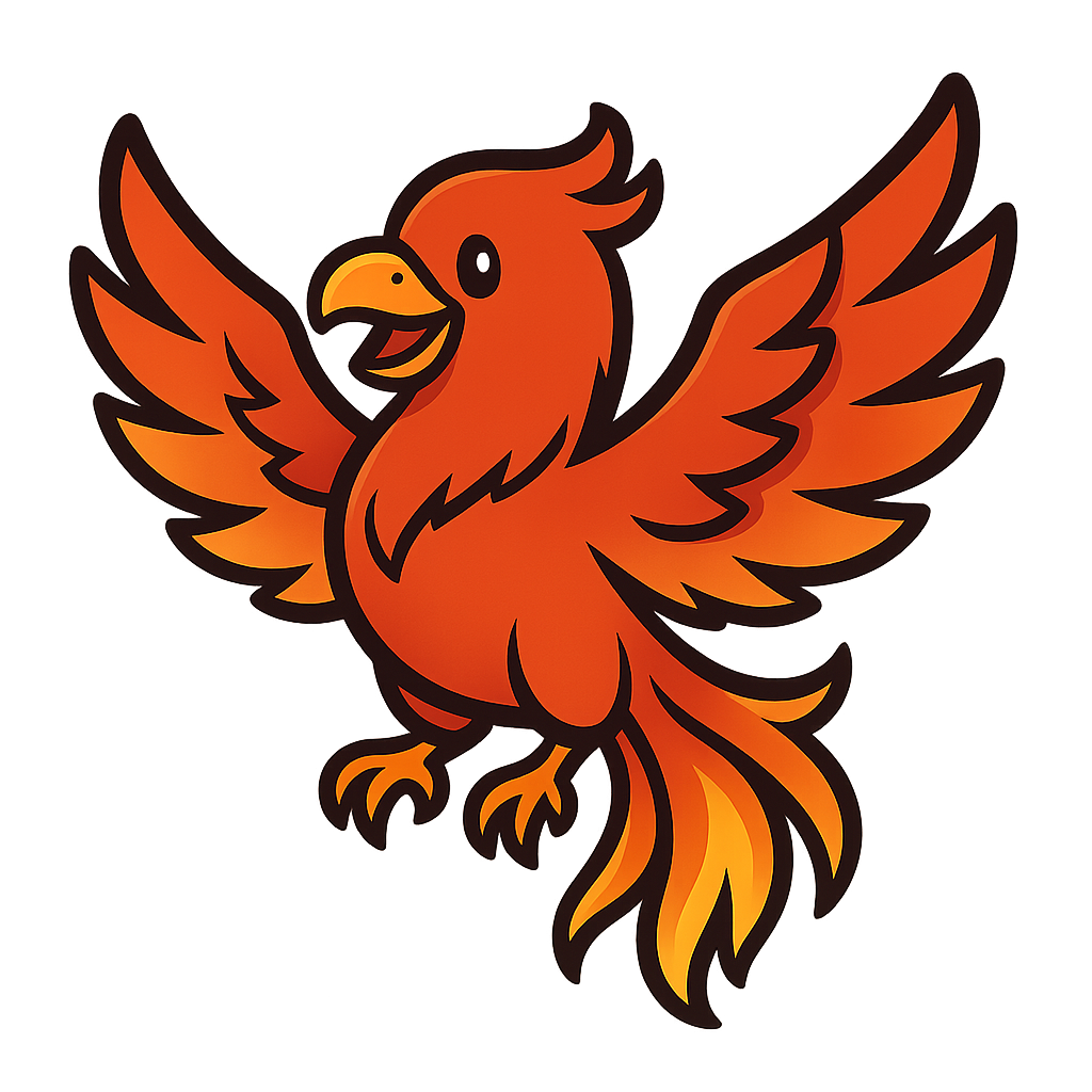 Logotipo de AVEFENIX.TOP, un ave fénix en estilo caricatura y de aspecto audaz