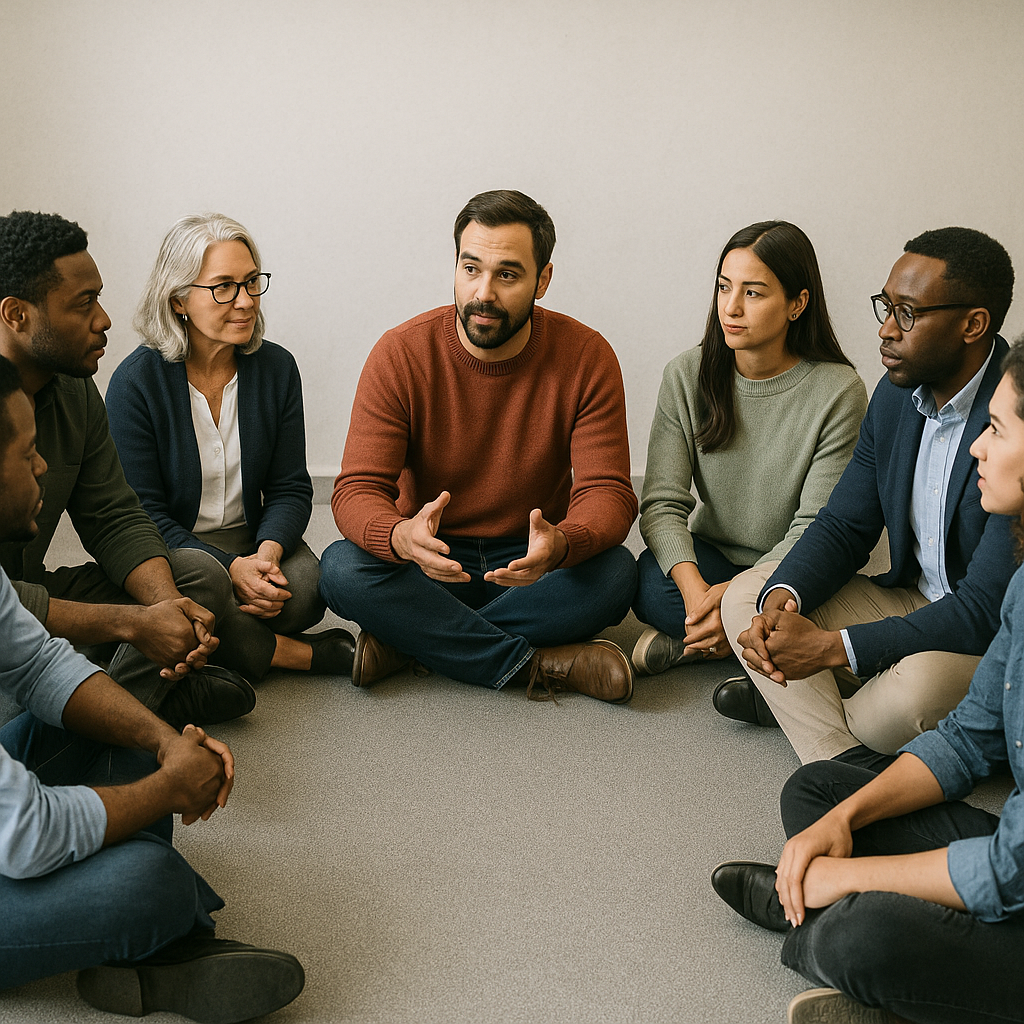 Personas diversas reunidas en círculo conversando sobre temas ambientales